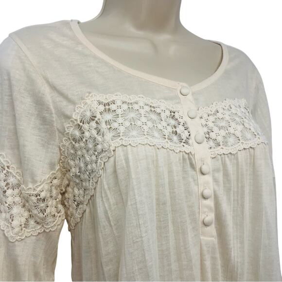 Cream Crochet Trim Henley Style Pop Over Top Scoop Neck Button Trim Loose fit - Picture 4 of 16